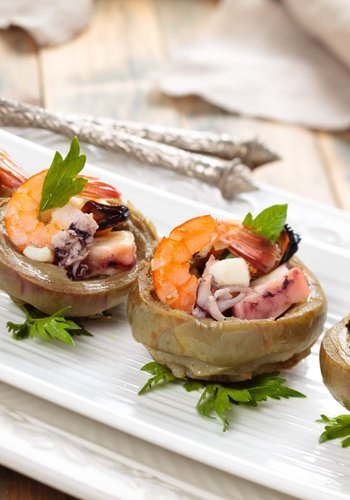 Receta Cestitas de alcachofa con ensalada de marisco