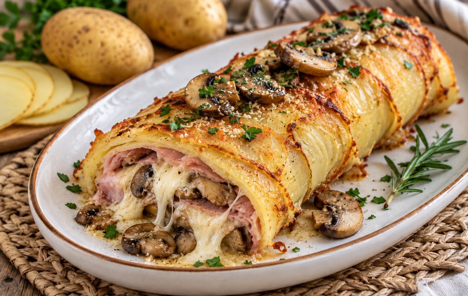 Rollo de patata, champiñones y scamorza
